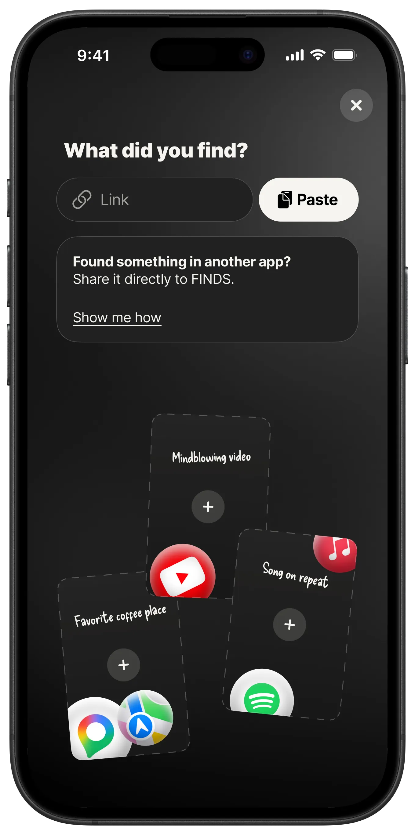 The FINDS "What did you find?" screen on an iPhone, with a tip card reading "Found something in another app? Share it directly to FINDS."