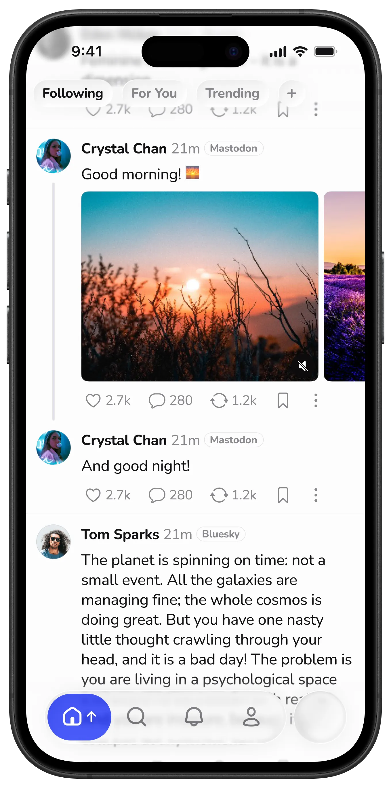 The Openvibe home timeline on an iPhone, with the tab bar and the round compose button at the bottom right